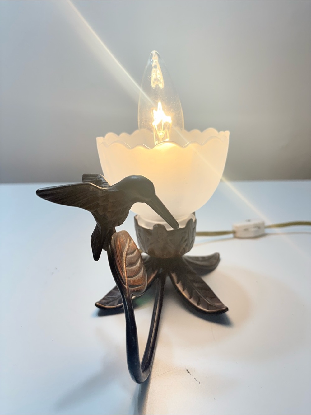 Hummingbird Table Lantern in Bronze with Frosted White Shade